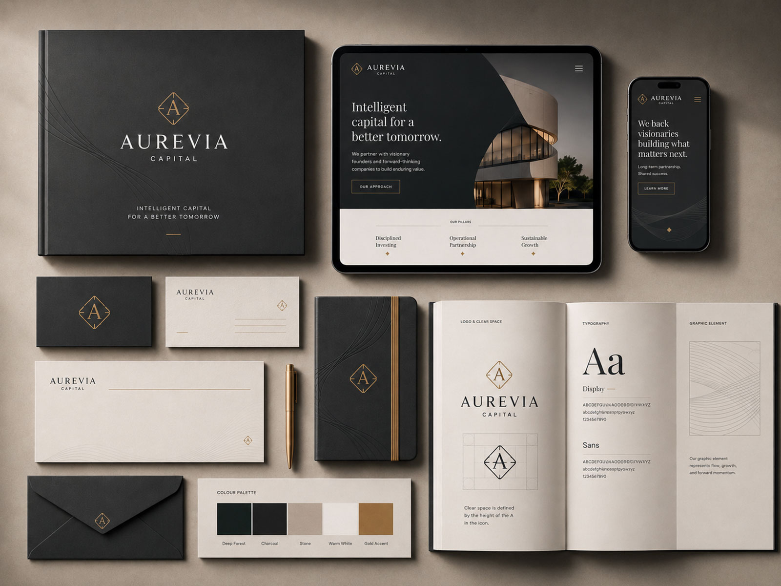 Premium brand identity presentation showing logo, typography, colour palette and digital brand applications