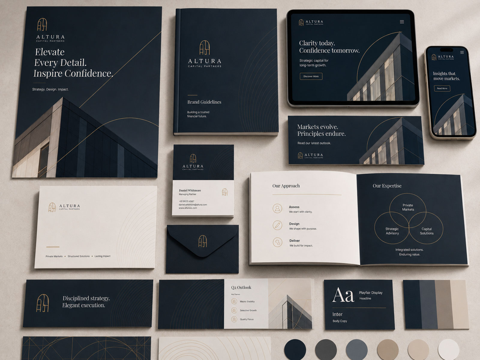 Premium graphic design presentation showing campaign, brochure, report and digital brand applications