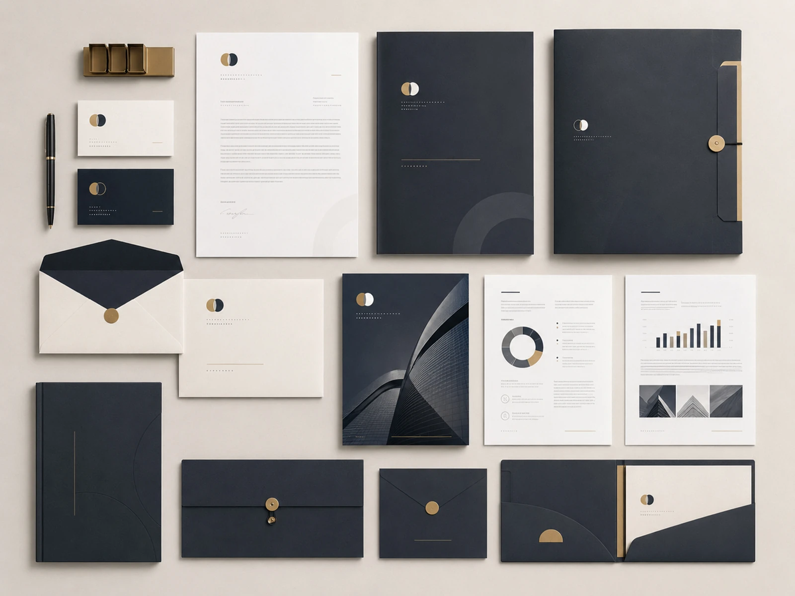 Corporate brand collateral system with stationery reports folders and document templates