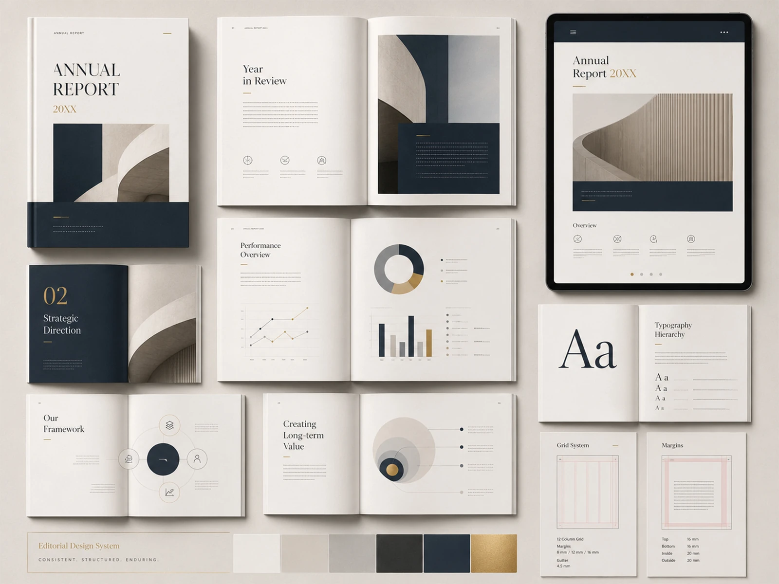 Editorial report and publication design system with printed spreads charts and tablet preview