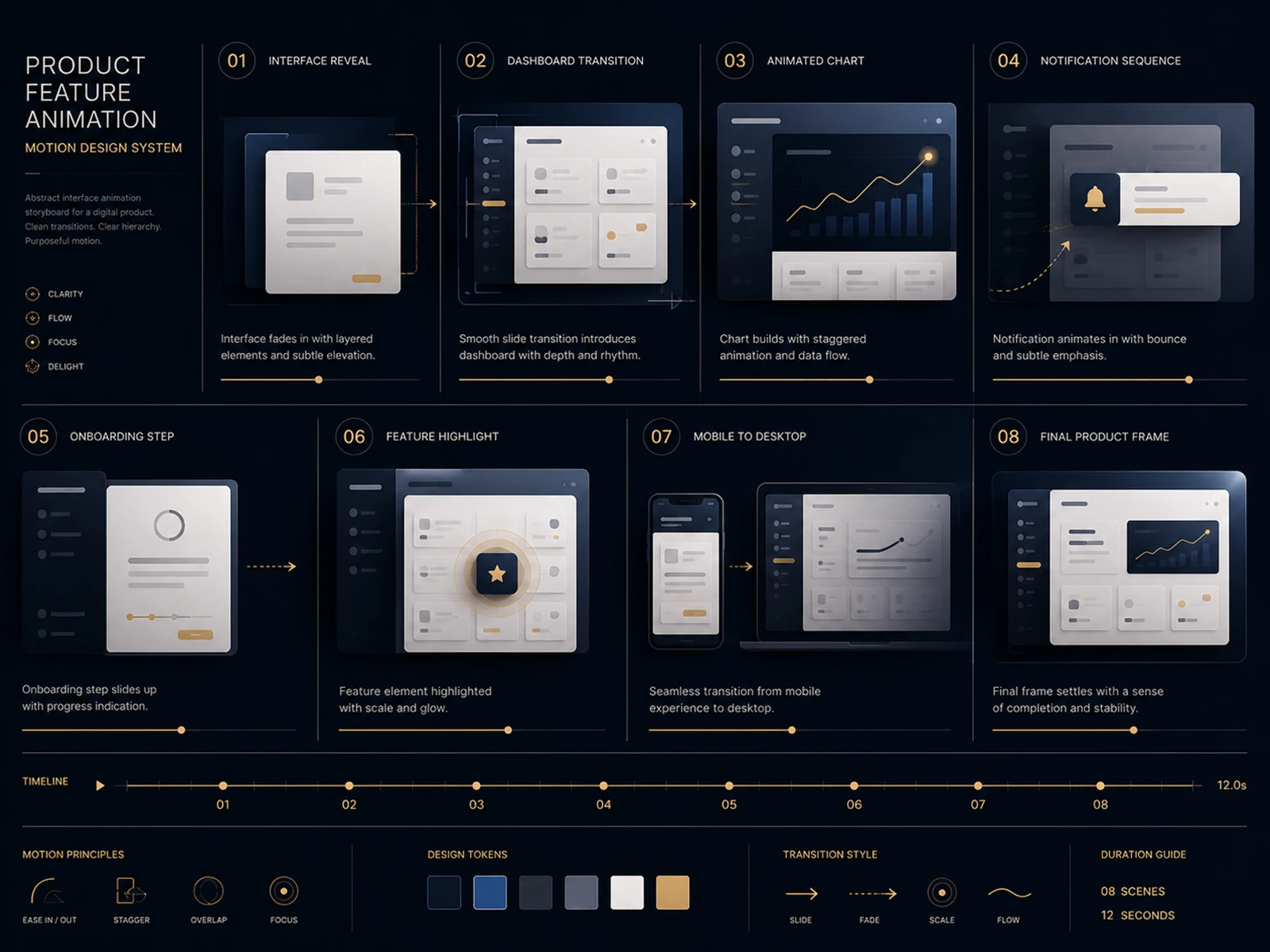 SaaS product feature animation storyboard with dashboard transitions onboarding and responsive frames