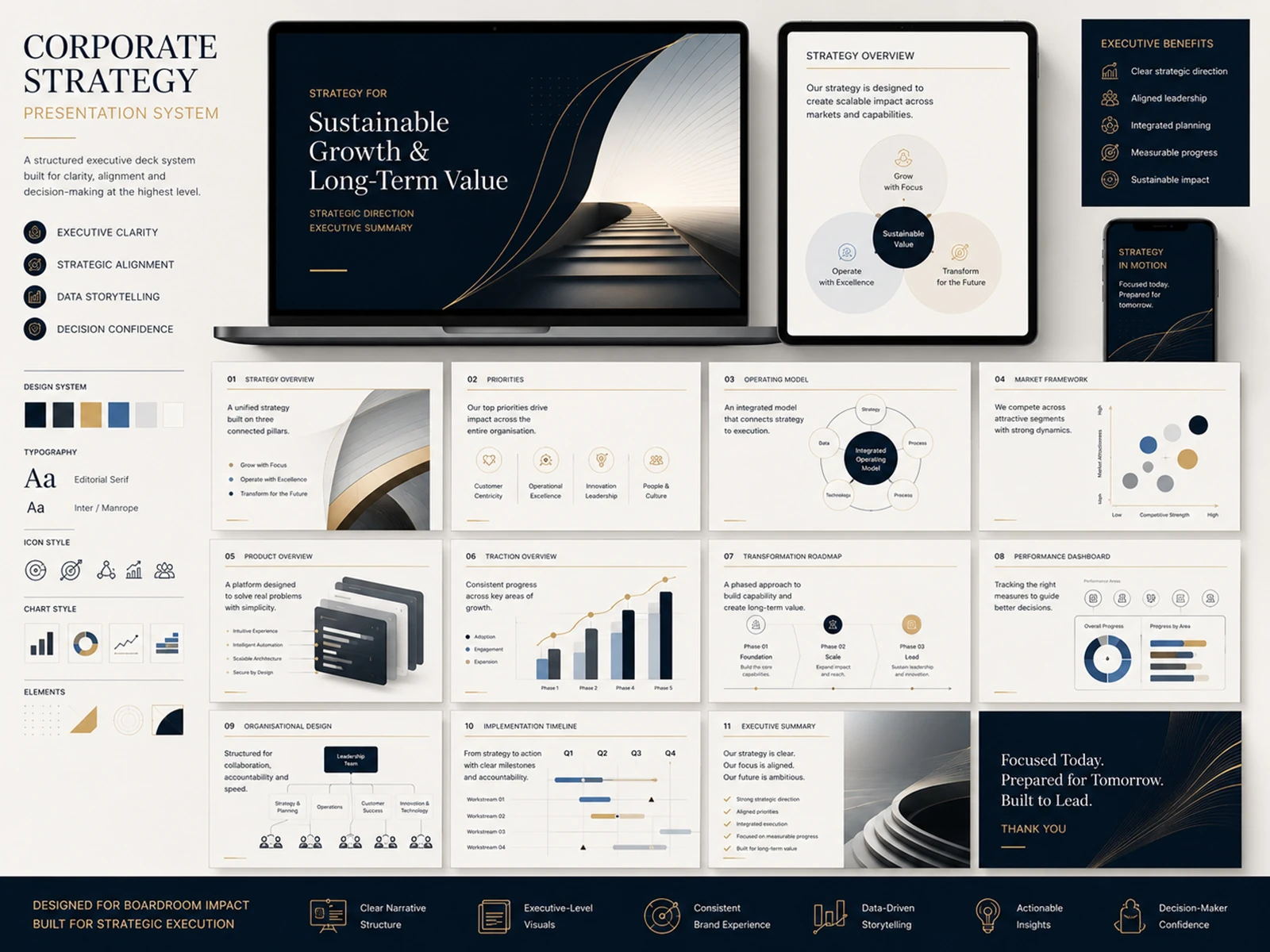 Corporate strategy presentation with priorities operating model roadmap dashboard and executive summary