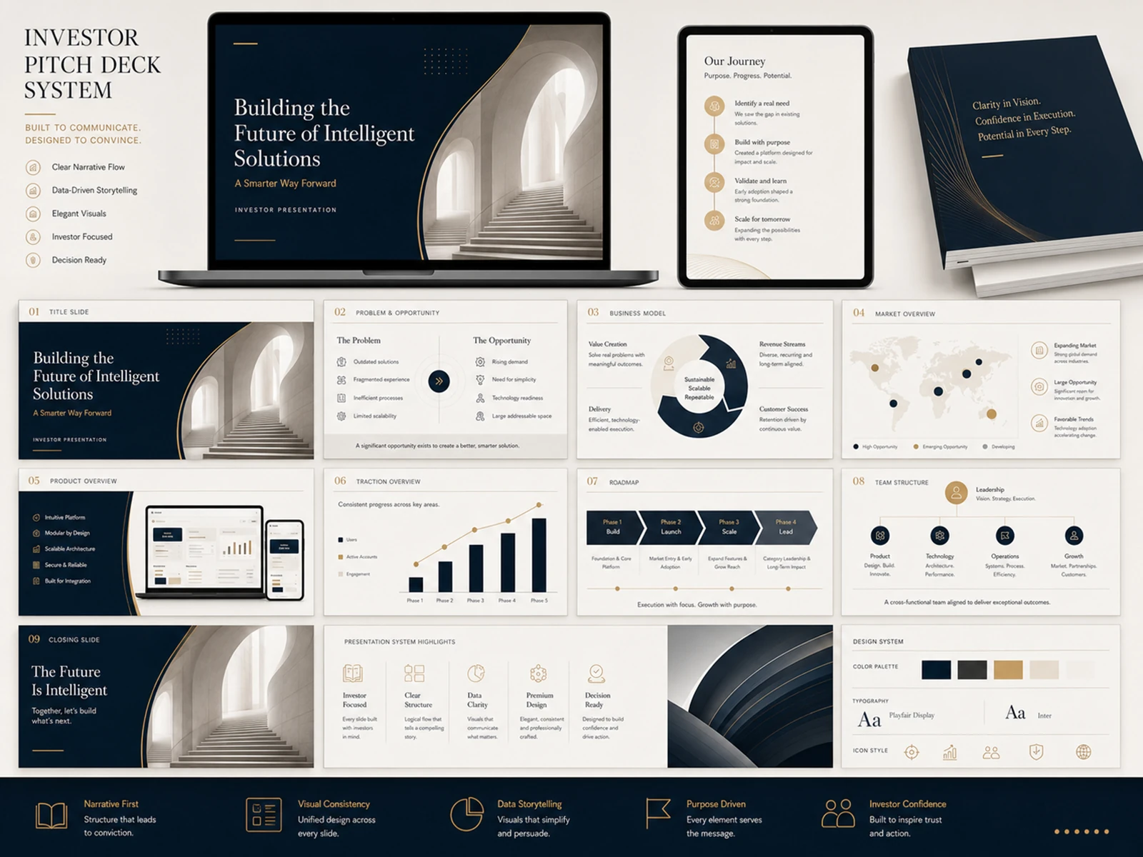 Investor pitch deck system with opportunity business model market product roadmap and team slides