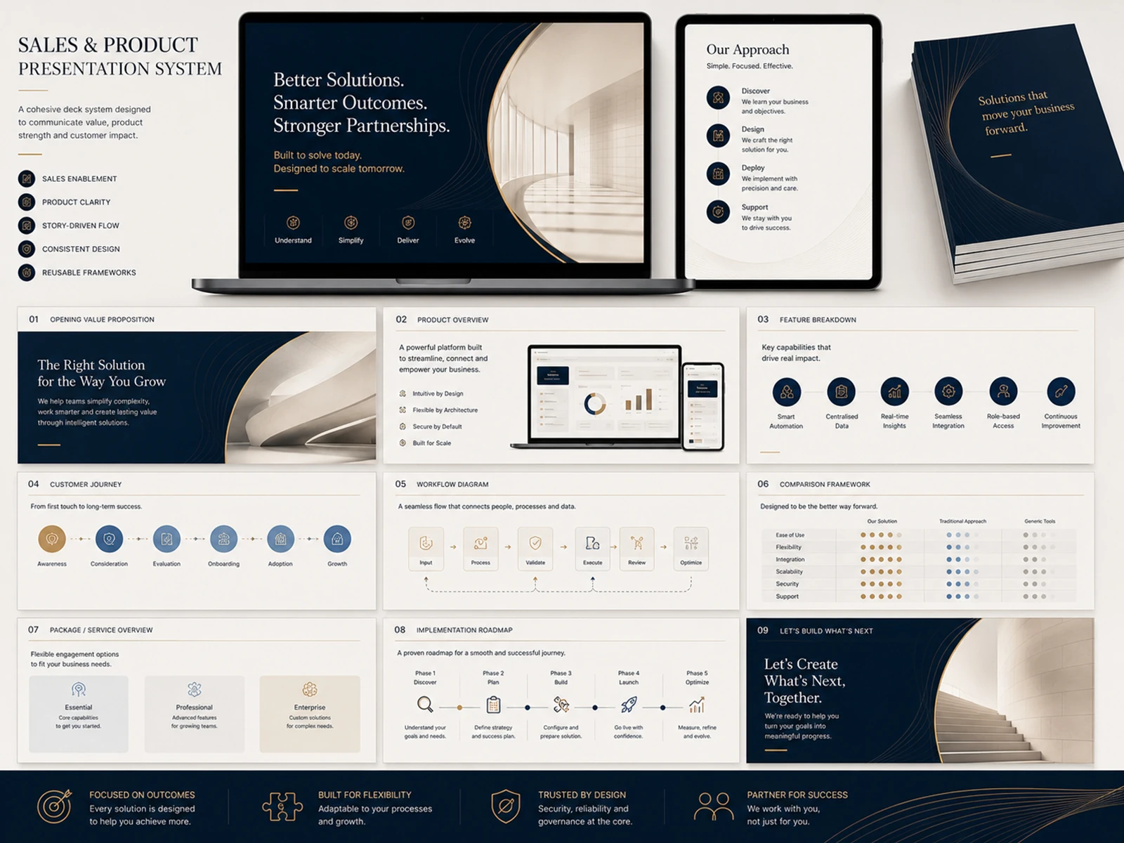 Sales and product presentation system with features journey workflow comparison and roadmap slides