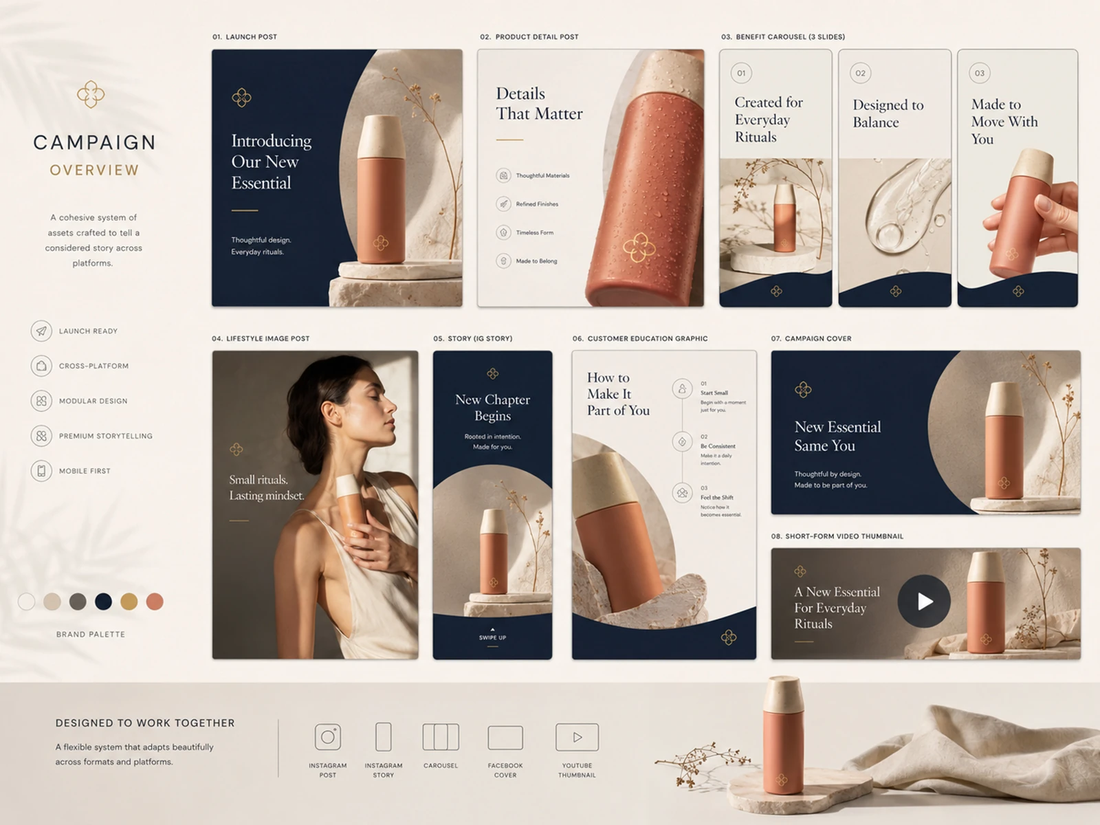 Consumer brand product social campaign with launch posts carousel stories and video content
