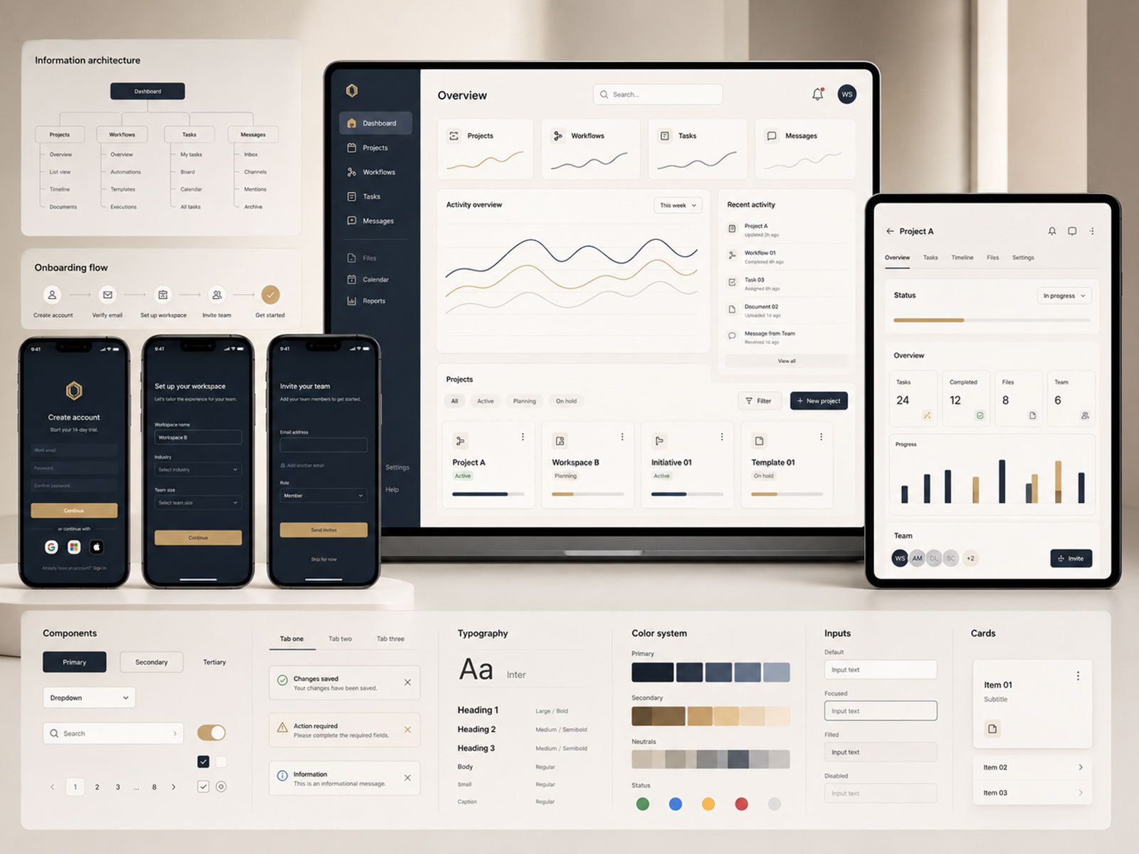 Premium UI and UX design presentation showing mobile, dashboard and web application interfaces