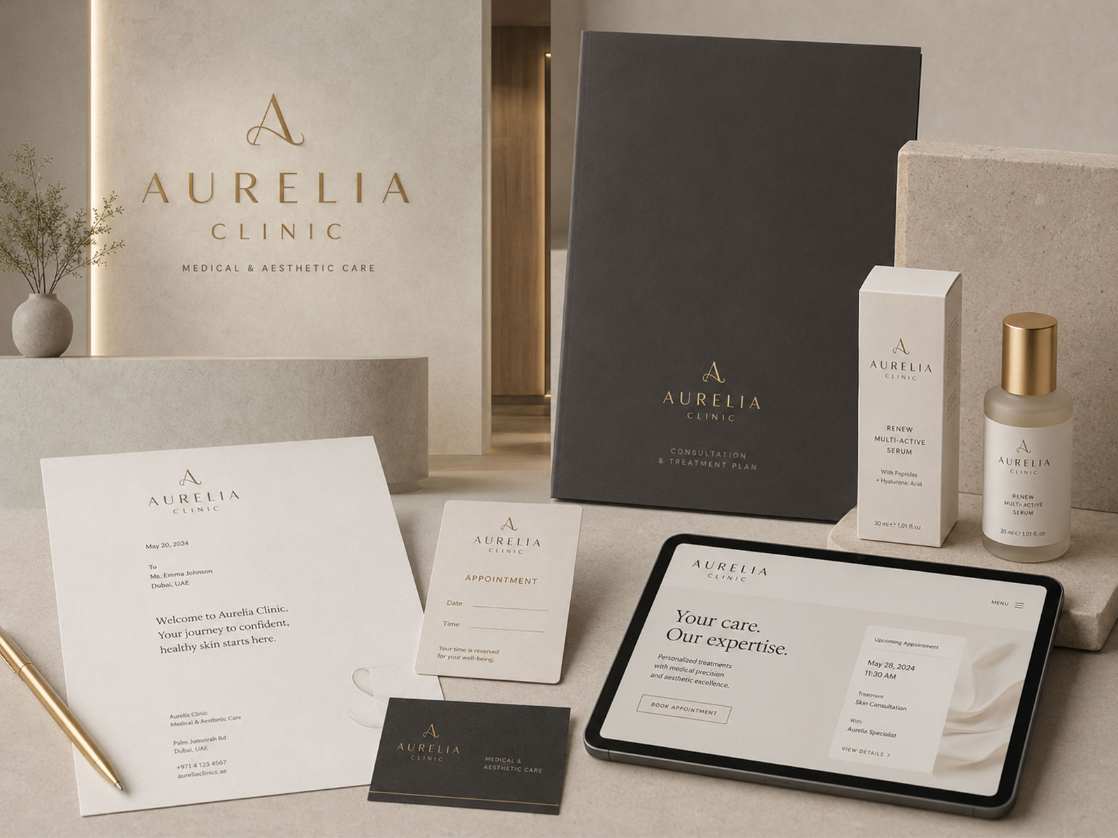 Aurelia Clinic visual identity presented across refined medical and aesthetic brand materials