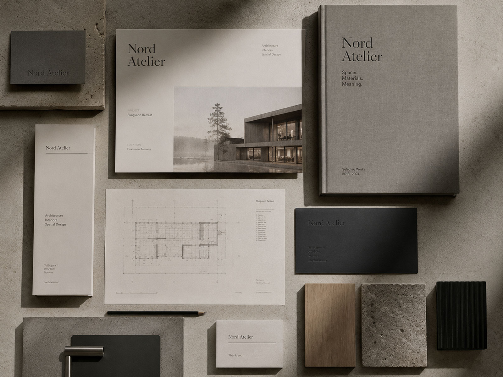 Nord Atelier identity system presented through minimal Nordic architecture and design collateral